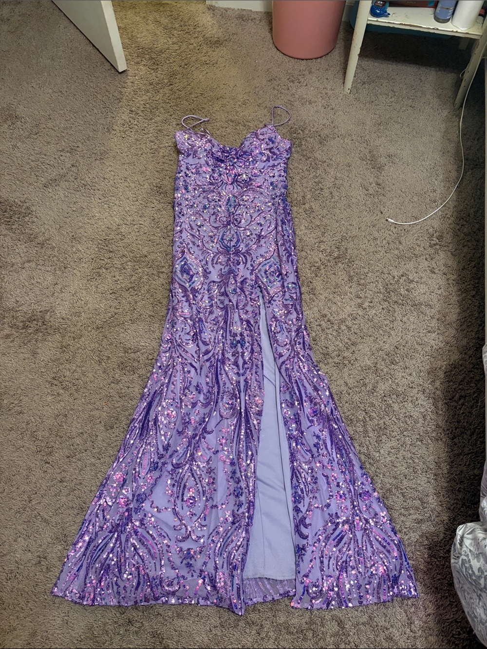 Prom/hoco Lavender Sequined Evening Gown with Side Slit and cross back